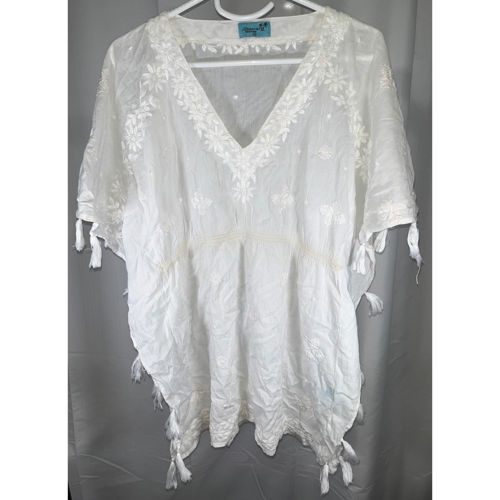 Letarte Embroidered Cotton Tunic Top White Tassel Boho Beach Coverup XS